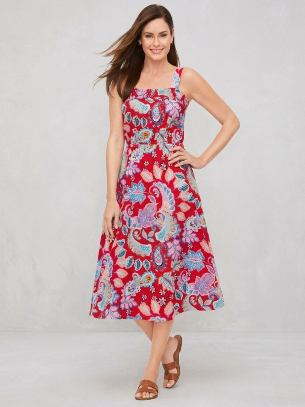 NWOT Talbots Red 100% Cotton Fantastic Paisley Fit and Flare Midi Casual Dress